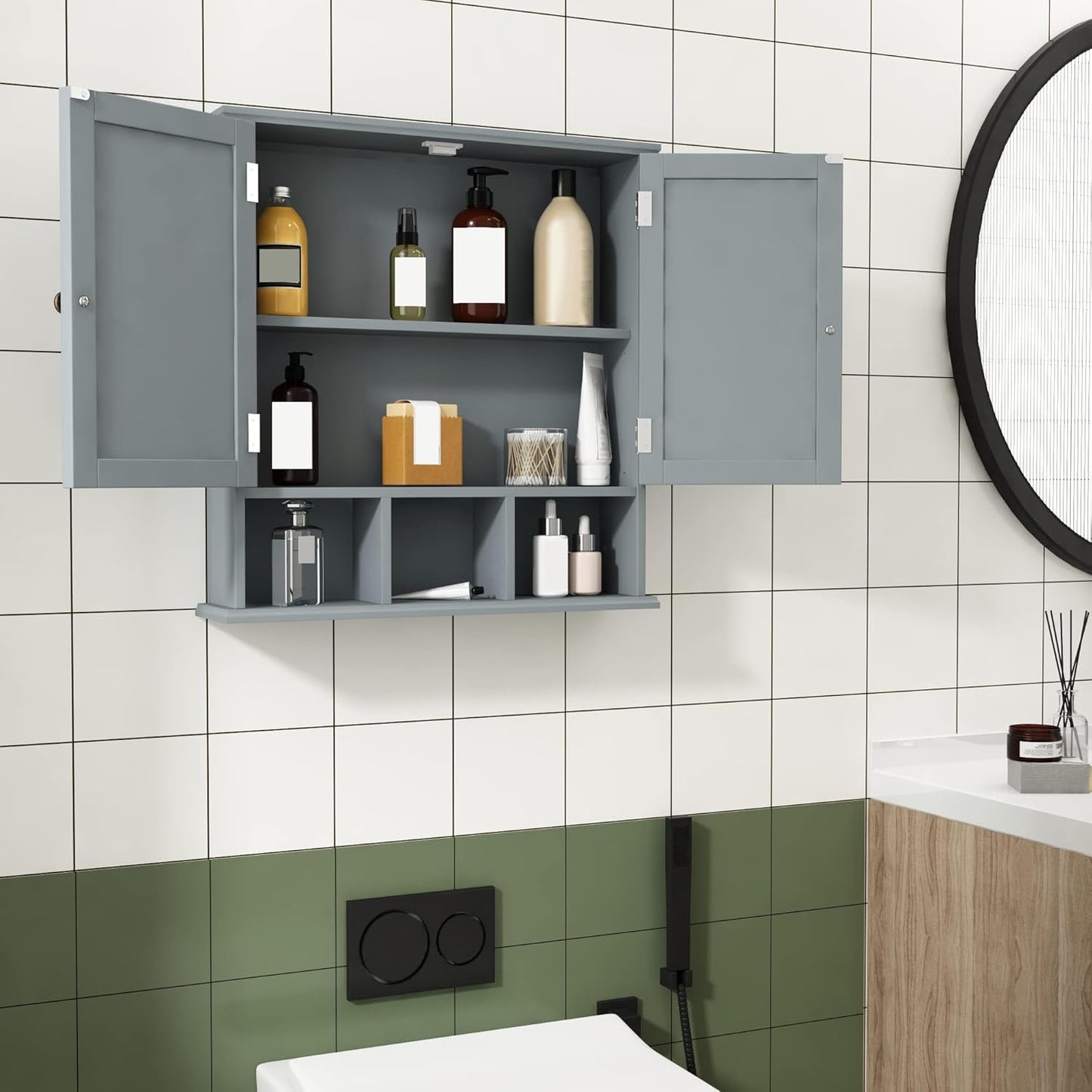ChooChoo Bathroom Cabinet Wall Mounted 2-Door with 3 Open Shelves, Wooden Medicine Cabinets with Adjustable Shelf, Space Saver Storage Cabinets Over The Toilet for Bathroom&Living Room, Grey