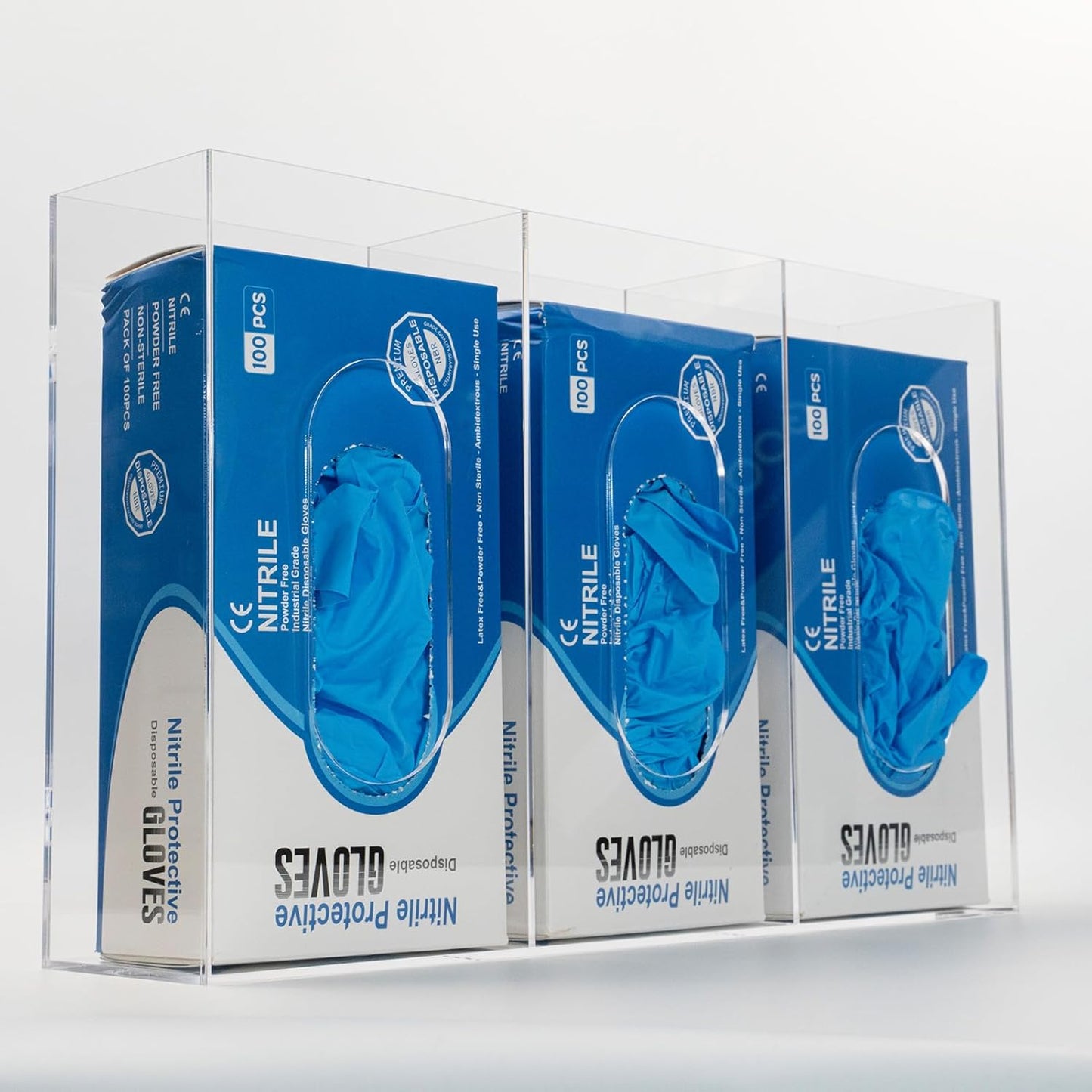 Glove Box Holder Dispenser Acrylic Triple Compartment Side Loaded Clear Rack Storage Organizer for Medical, Latex, Rubber, Nitrile, Exam, Disposable Glove Boxes Holder Standing or Wall Mount