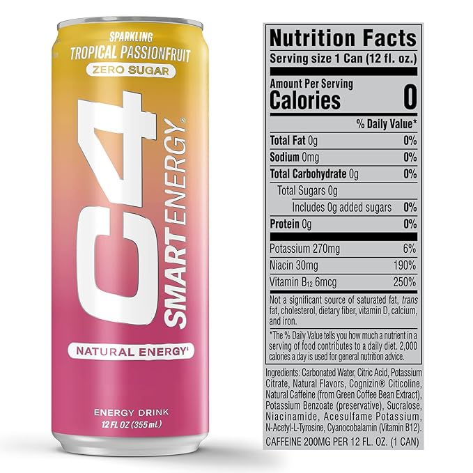Cellucor C4 Smart Energy Drink - Sugar Free Performance Fuel & Nootropic Brain Booster, Coffee Substitute or Alternative | Tropical Passionfruit 12 Oz - 12 Pack