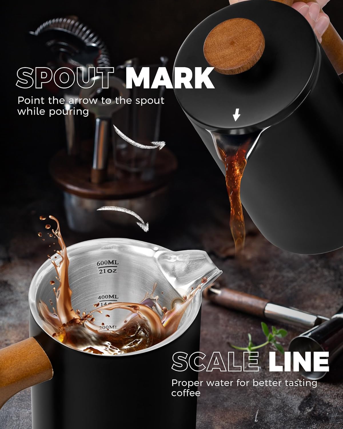 POLIVIAR French Press Coffee Maker, 21 oz Coffee Press with Real Wood Handle, Double Wall Insulation & Dual-Filter Screen, Food Grade Stainless Steel for Good Coffe and Tea, JX2024-SFPB