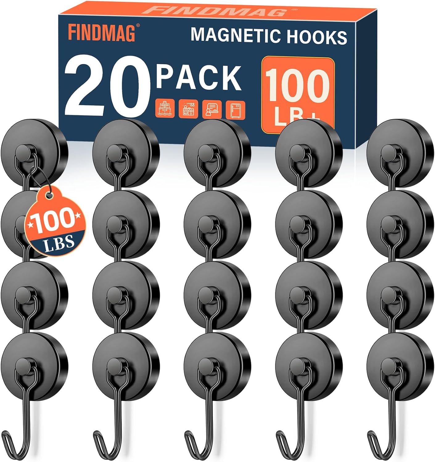 FINDMAG 100 LBS Magnetic Hooks Heavy Duty, 20 Pack Extra Strong Magnetic Hooks for Hanging, Neodymium Magnet with Hook for Cruise Cabins, Large Magnetic Swivel Hooks for Garage, Kitchen, Office, Grill