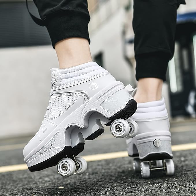 Roller Skate Shoes for Women Four Rounds Children's Roller Skates Shoes That Turn into Rollerskates Sneakers Outdoor Light Shoes with Wheels for Girls/Boys