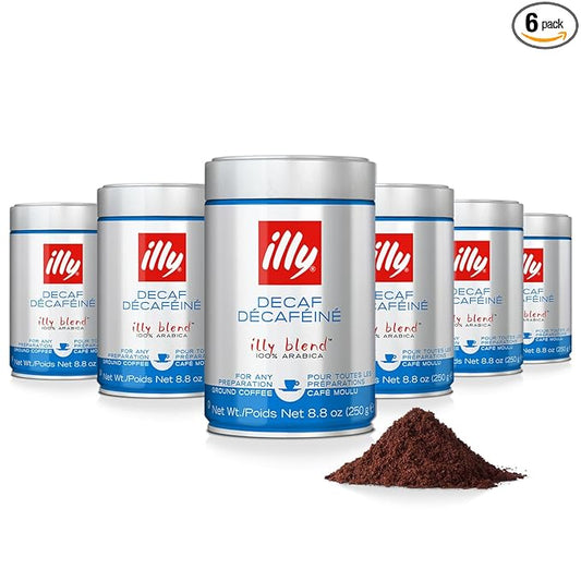 Illy Ground Espresso Coffee, Decaffeinated - Medium Roast - Mild & Balanced - 100% Arabica - Pressurized Packaging Sealed for Freshness - 8.8oz (Pack of 6)