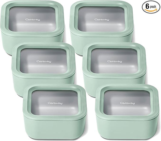 Caraway 6pc Glass Food Storage Set – 4.4 Cup Food Containers (6) - Ceramic Coated - Non Toxic, Non Stick with Lids - Microwave Safe - Mist