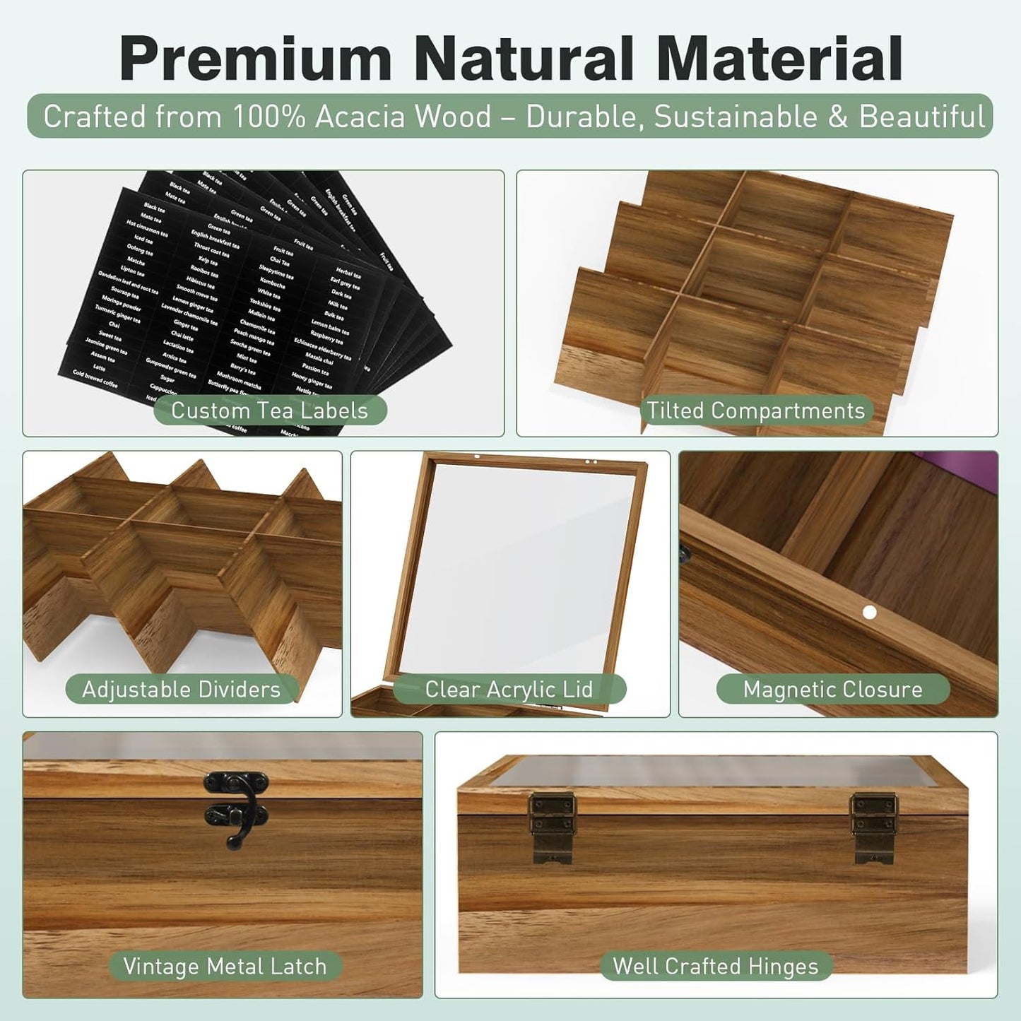 Acacia Wood Tea Bag Organizer Tea Storage Box with Clear Acrylic Top Window & 9 Compartments Tea Bag Holder for Home Office Gift (Acacia)