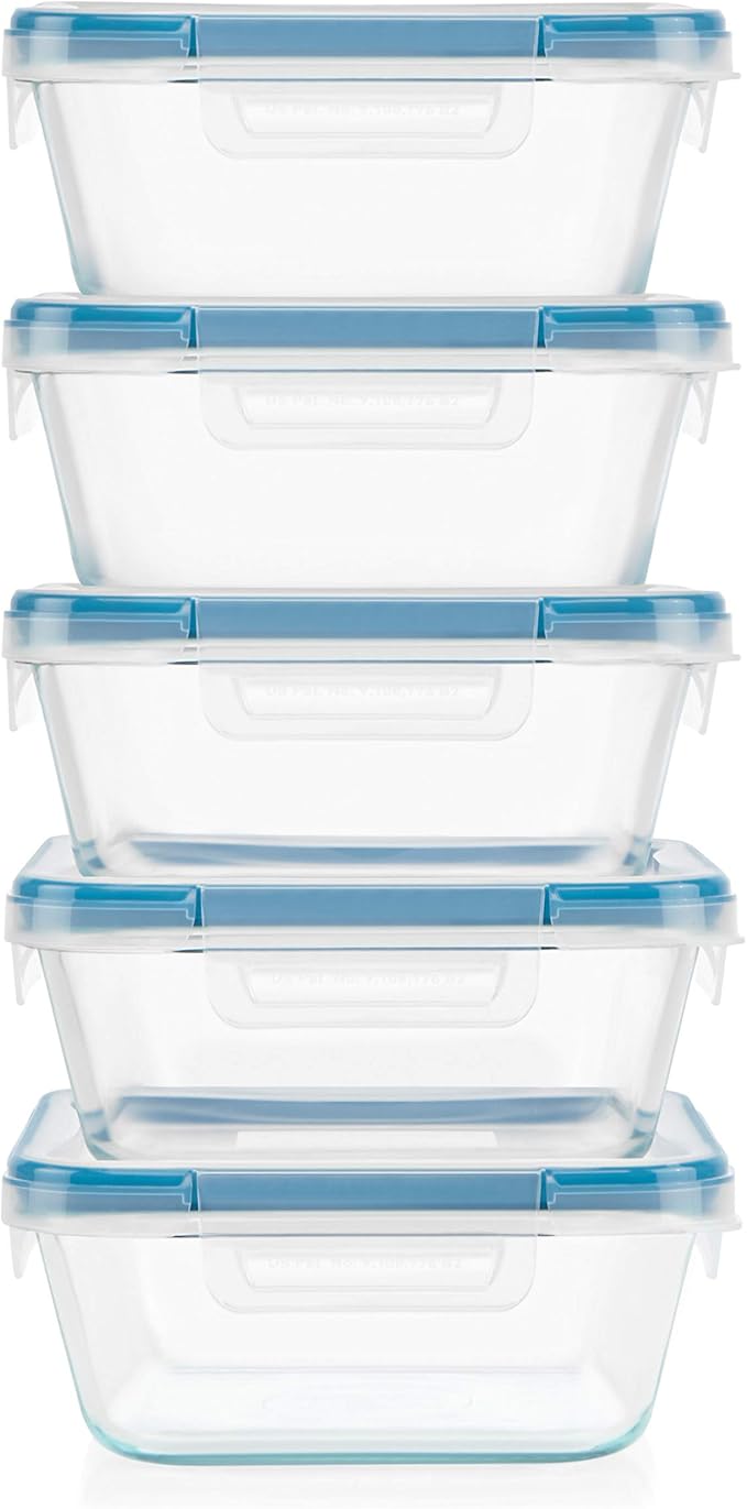 Snapware Total Solutions (5-Pack, 4 Cup) Glass Food Storage Containers Set, Airtight & Leakproof Locking BPA-Free Lids, Freezer Dishwasher Microwave Safe