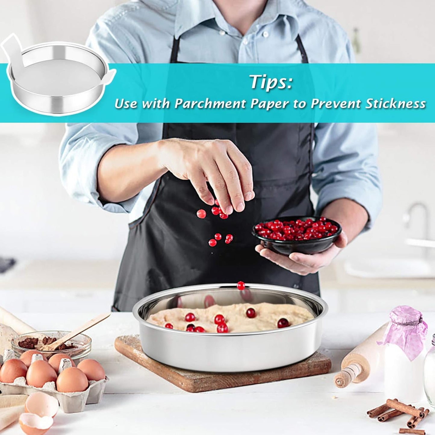 P&P CHEF 9.5 Inch Round Cake Pan Set of 3, Stainless Steel Round Baking Layer Pans Bakeware for Layer Birthday Cake, Fit Oven/Pots/Pressure Cooker, Leakproof & Dishwasher Safe, Silver