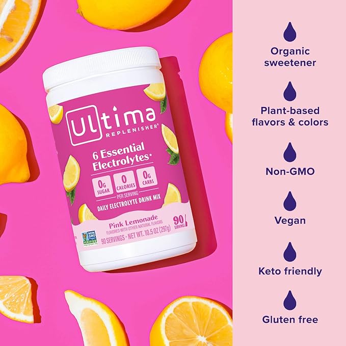 Ultima Replenisher Daily Electrolyte Powder Drink Mix – Sugar Free – Pink Lemonade, 90 Serving – Hydration Powder with 6 Key Electrolytes and Trace Minerals – Keto Friendly, Vegan, Non-GMO