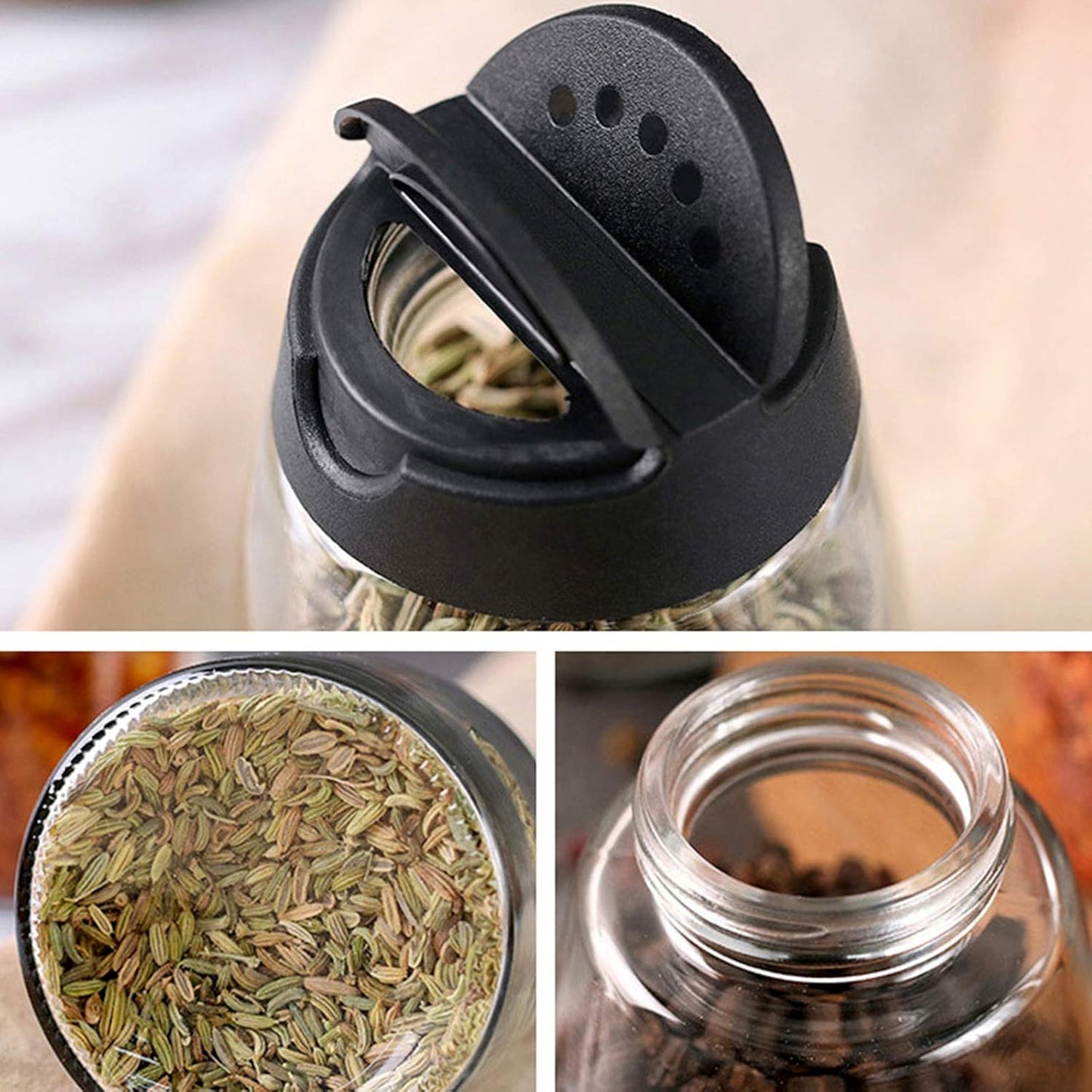 Glass Spice Jars, Double Lids Seasoning Shakers Glass Bottles Spice Shakers Sifter Barbecue Salt & Pepper Shaker Container (10 PCS Condiment Bottles + 1PCS Spices Grinder)