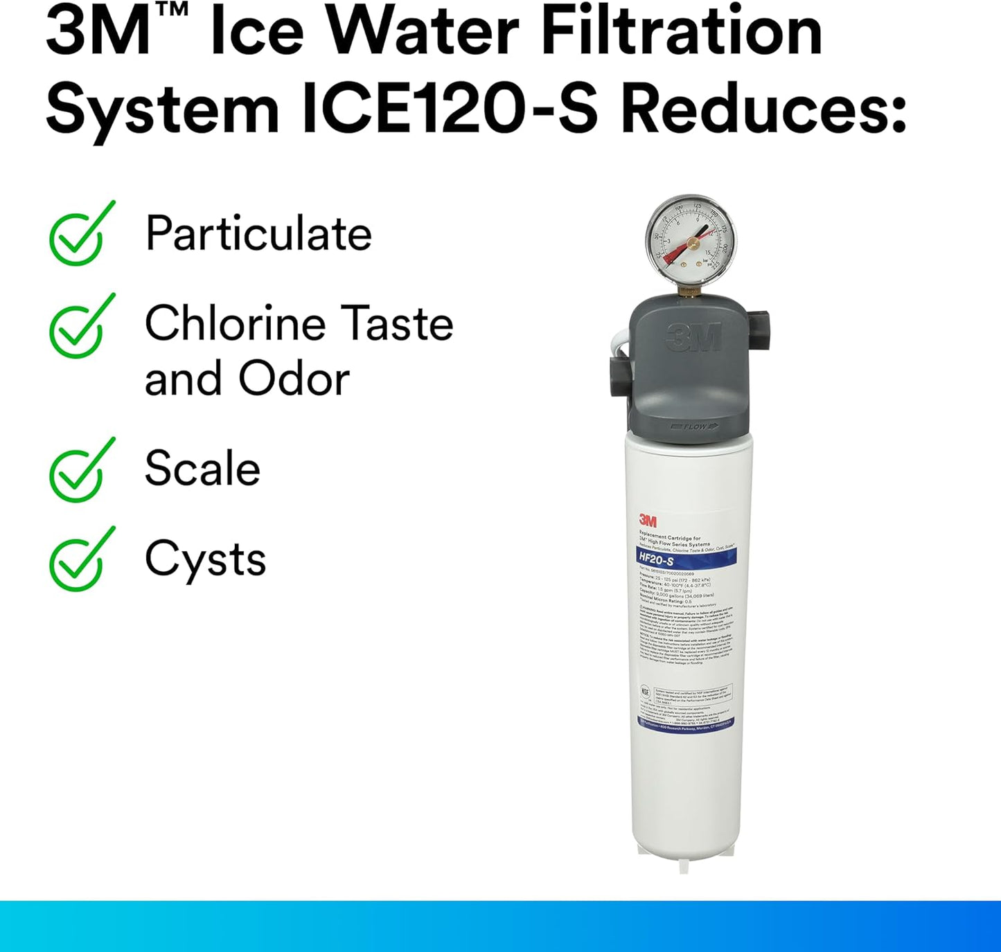 3M Water Filtration Products System for Commercial Ice Maker Machines ICE120-S, Reduces Sediment, Microplastics, Chlorine Taste and Odor, Cysts, Inhibits Scale, 1.5 GPM, 9,000 Gallon Capacity