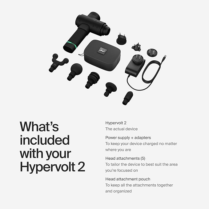 Hyperice Hypervolt 2 Black - Featuring Quiet Glide Technology - Handheld Percussion Massage Gun | 3 Speeds, 5 Interchangeable Heads | Helps Relieve Sore Muscles and Stiffness |FSA and HSA