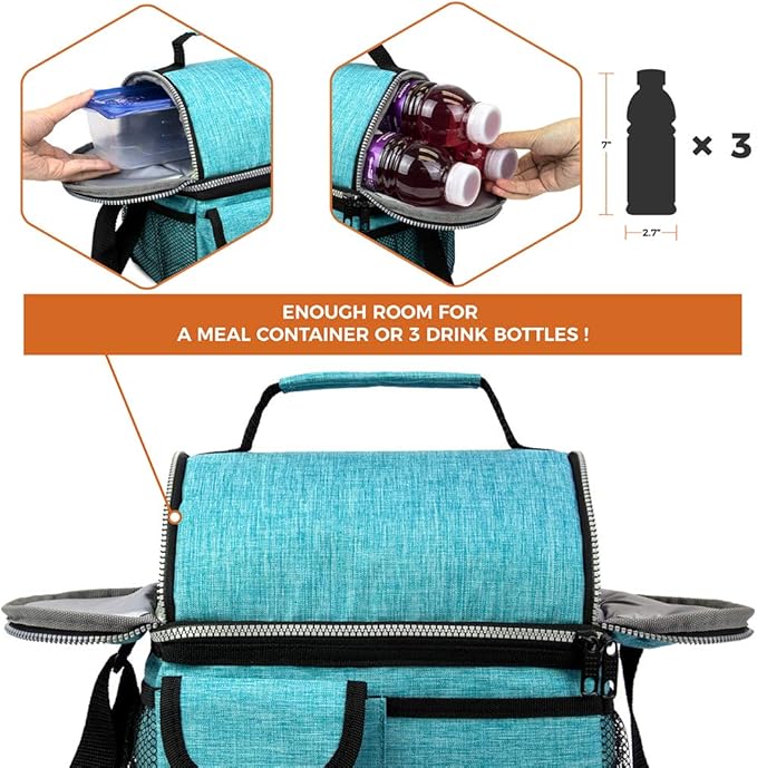 OPUX Lunch Box for Men, Adult Lunch Box Cooler, Insulated Lunch Bag Women, Dual Compartment Lunchbox for Work, Leakproof Double Decker Lunch Bag, Soft Lunch Pail Tote Boys Girls Kids School, Teal Blue