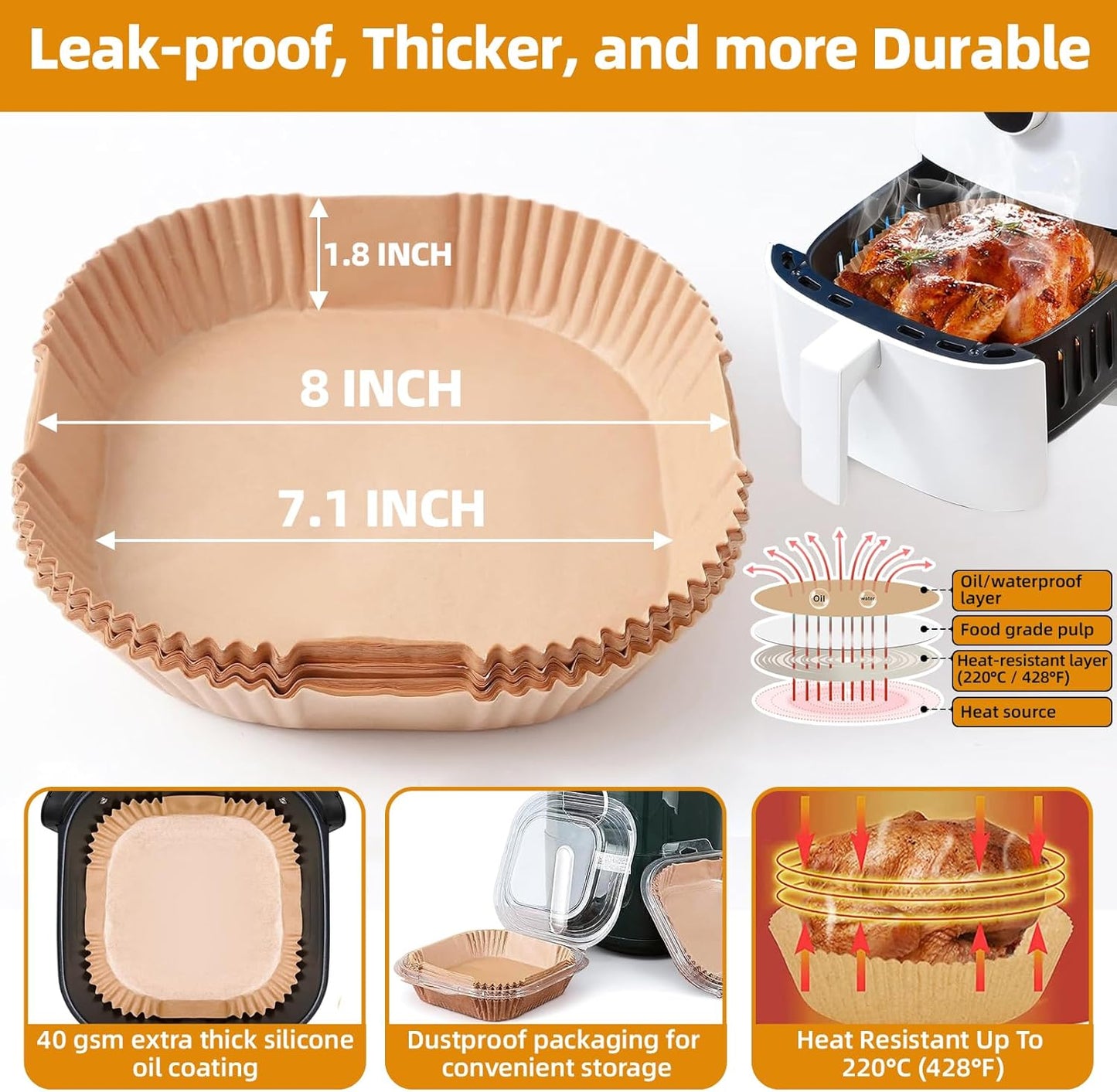 7.1 inch Air Fryer Paper Liners for Instant Pot Vortex Plus 4QT, 200pcs 3-6 Qt Thickened Square Disposable Parchment Liner Compatible with Ninja AF141/Chefman/Cosori Airfryer