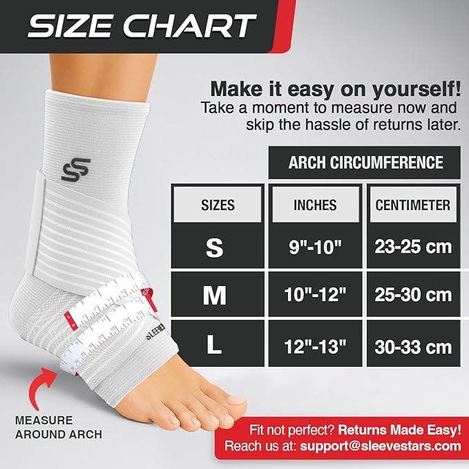Sleeve Stars Ankle Brace for Women & Men, Ankle Wrap for Sprained Ankle, Compression Sleeve for Plantar Fasciitis Relief, Easy Customizable Support: w/Removable Strap (Single/S:9"-10"/White)