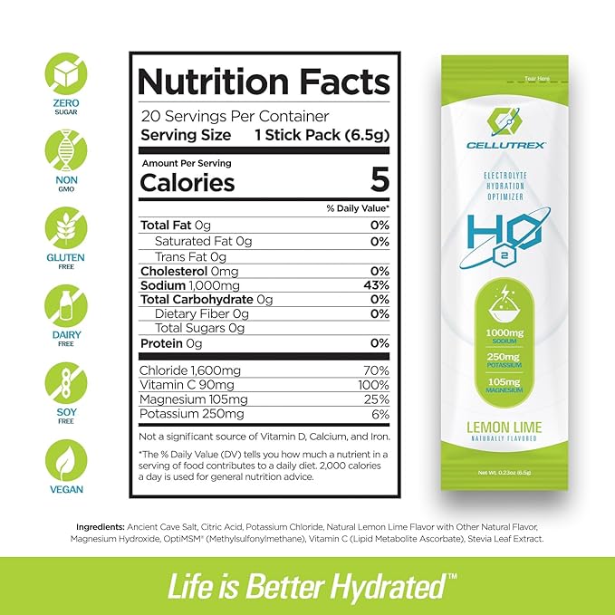 Cellutrex® H2O Electrolytes – Electrolyte Powder Drink Mix, Zero Sugar, Natural Salt Hydration Packets for Recovery and Wellness, Lemon Lime, 20 Sticks
