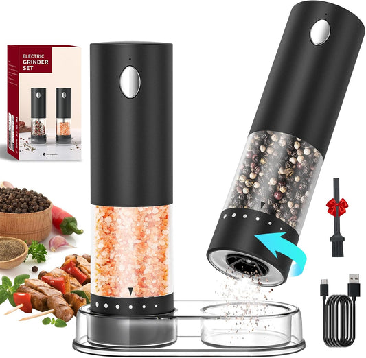 CIRCLE JOY Electric Salt and Pepper Grinder Set Rechargeable Salt and Pepper Mills with 6-Level External Adjustable Coarseness, White LED Light and Storage Base, Black