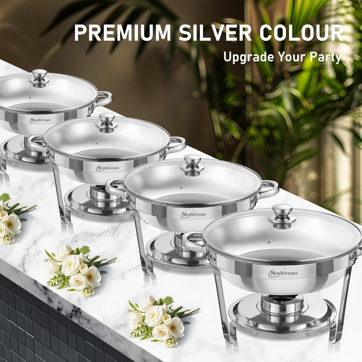 Chafing Dishes for Buffet 4 Pack, 5 QT Round Chafing Dishes for Buffet [Transparent Glass Cover] Stainless Steel Chafing Dish Buffet Set for Any Party