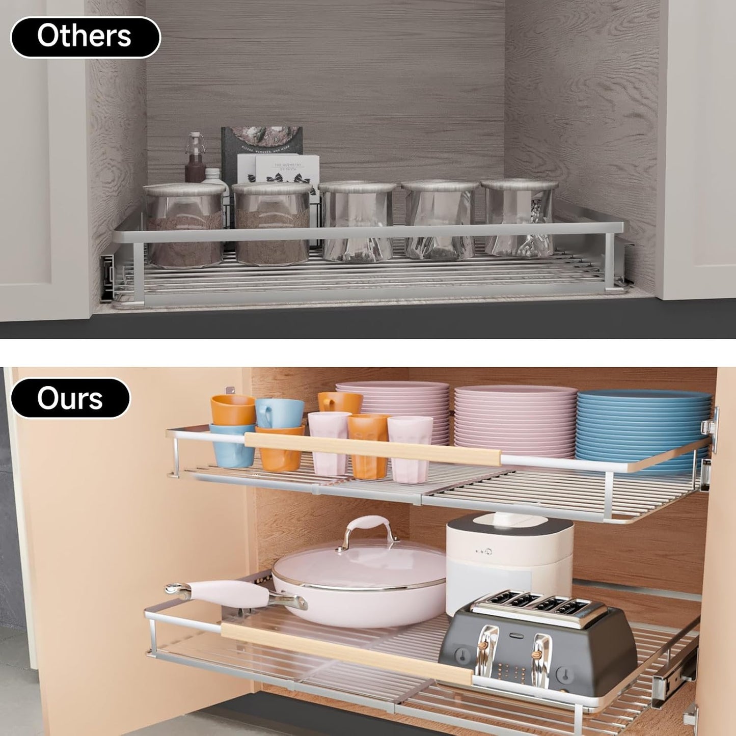 2Pack Expandable Pull Out Cabinet Organizer, Slide Out Drawers for Kitchen Cabinets, Heavy Duty Drawer Slides for Home Kitchen Pantry Cupboard Pots Pans, Adjustable Width 17.1"~28.1" W x 22.5''D