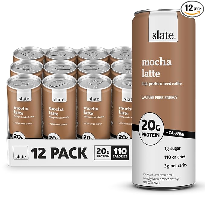 Slate Milk - High Protein Iced Coffee - Mocha Latte - 175mg Caffeine, Lactose Free Energy - 20g Protein, 1g Sugar, 110 Calories, 3g Net Carbs, No Sugar Added - Protein Coffee - 11 fl oz, 12 Cans