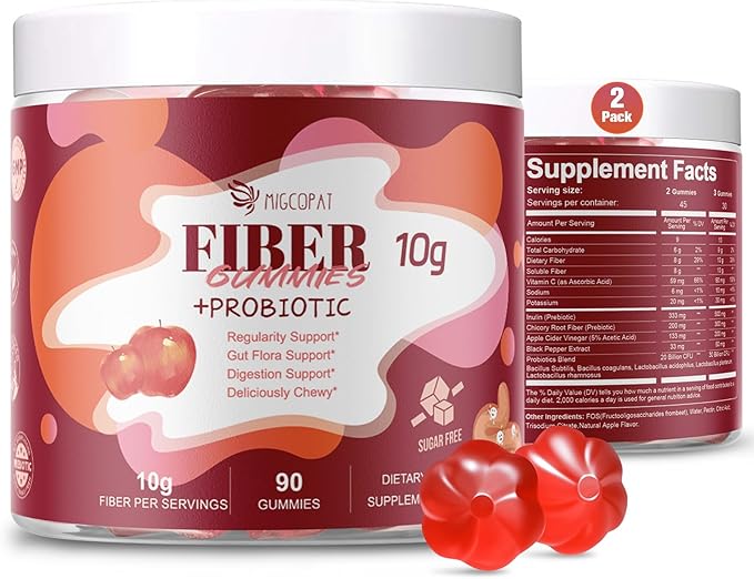 Sugar Free Fiber Supplement, 10g Fiber Gummies for Adults, Apple Flavor with Probiotics, Vitamin C, ACV, Inulin, Support Digestive Health, 90 Count (Pack of 2)