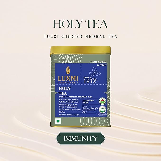 Luxmi Estates - Holy Basil - Organic Tulsi Tea - Loose Leaf - 50g (25 Cups) | With Tulsi and Ginger | Provides Immune Support, Stress Relief and Uplifts Mood