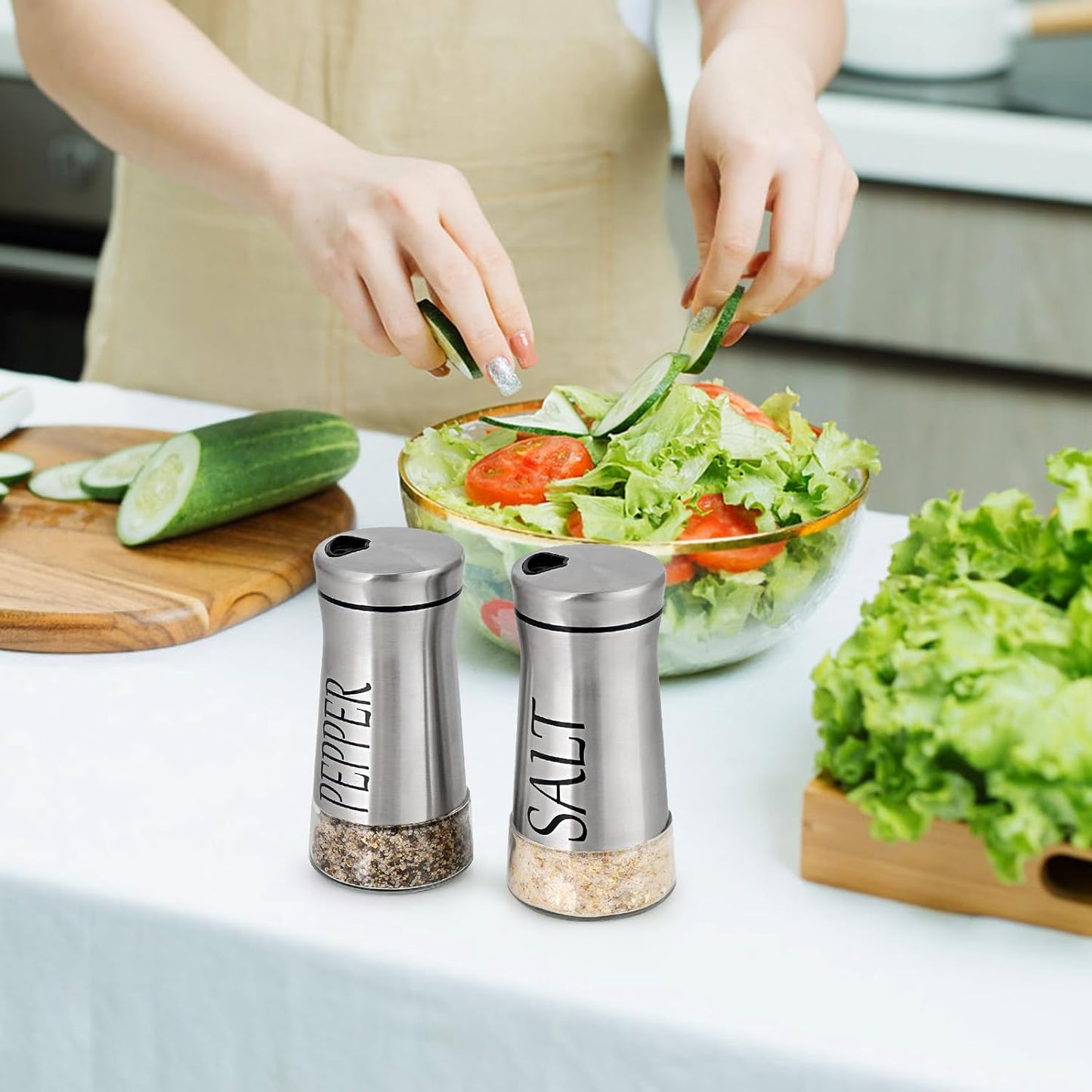 Accmor Salt and Pepper Shakers with Adjustable Pour Hole, Stainless Steel Salt Pepper Shaker Dispenser with Glass Bottom for Kitchen Cooking, RV, Camp, BBQ