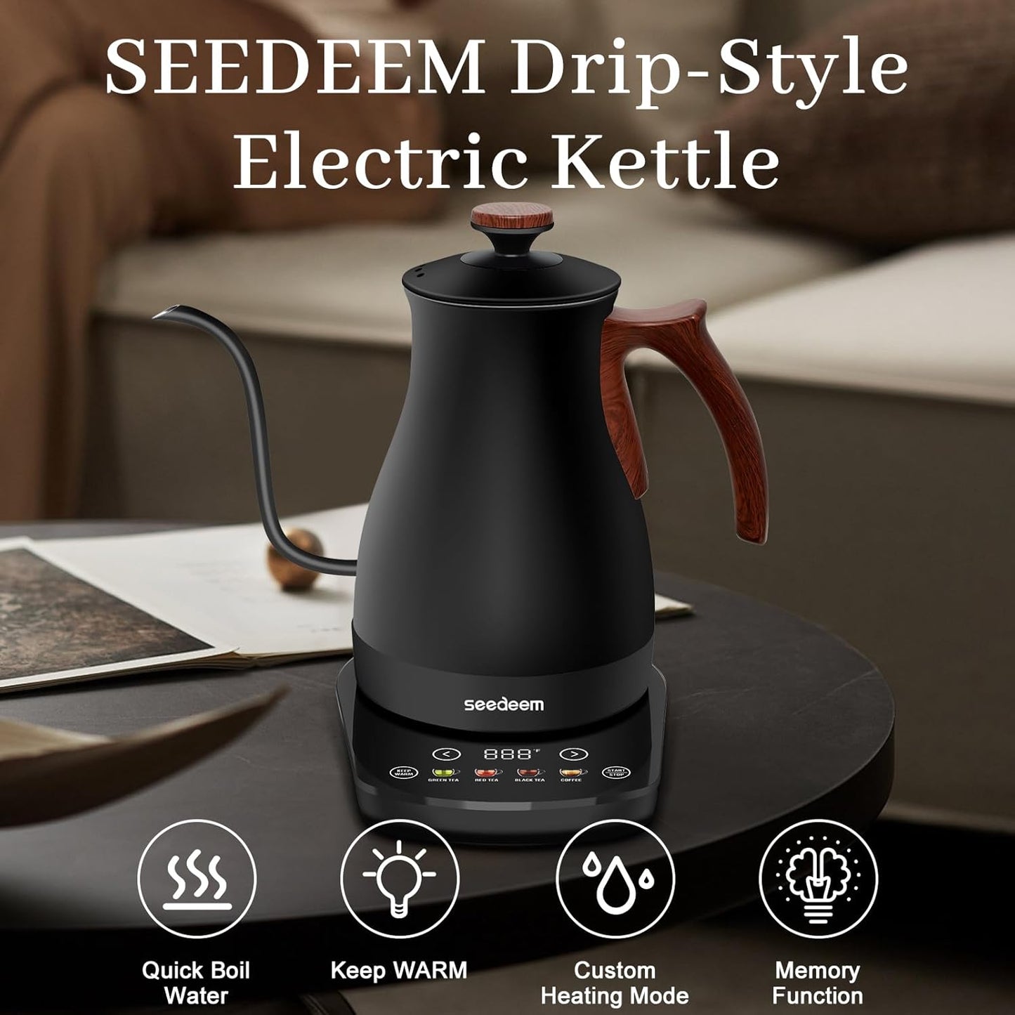 SEEDEEM Gooseneck Electric Kettle Full Touch Screen 1200W Electric Tea & Coffee Kettle with Four Heating Modes Rapid Heating,±1℉ Temperature Control，Keep Warm Mode,1L Electric kettle