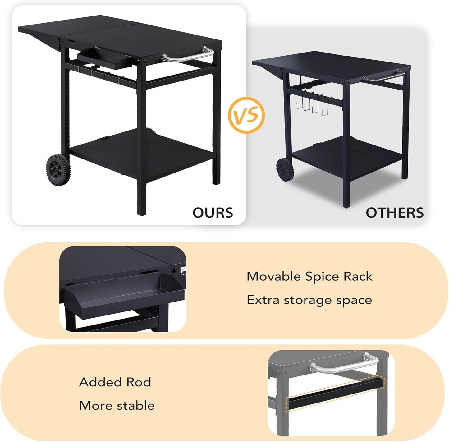 Garden Cart 2 Layers Grill Cart for Outdoor Foldable Shelf Worktable Outside Kitchen Pizza Oven Stand Trolley with Handle, Wheels, and Hooks