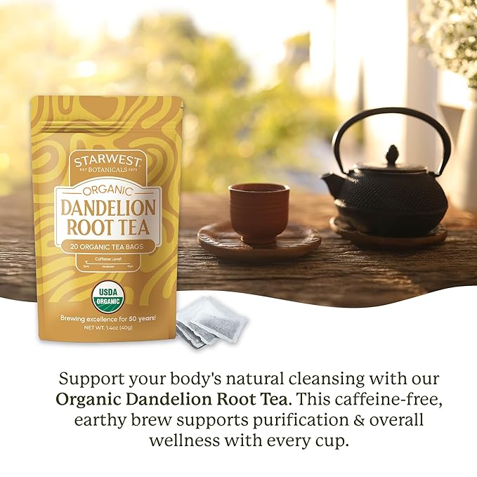Starwest Botanicals Organic Dandelion Root Tea - Cleansing Herbal Tea, Caffeine Free, Natural Elimination Support, String Free Sachets, USDA Organic Dandelion Root Roasted, Non GMO - 20 Tea Bags