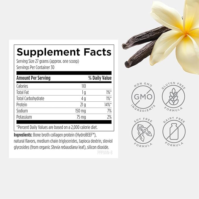 Designs for Health Bone Broth Protein Powder – 21g Grass-Fed, Collagen-Rich Beef Protein Isolate – Vanilla, Paleo, Non-GMO, Dairy-Free (30 Servings / 810g)