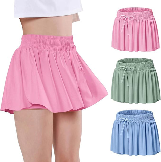 EXARUS Girls Butterfly Shorts Flowy Dance Skirt Cheer Skorts Athletic Tween Clothes Teen Preppy Outfits Flutter Kids