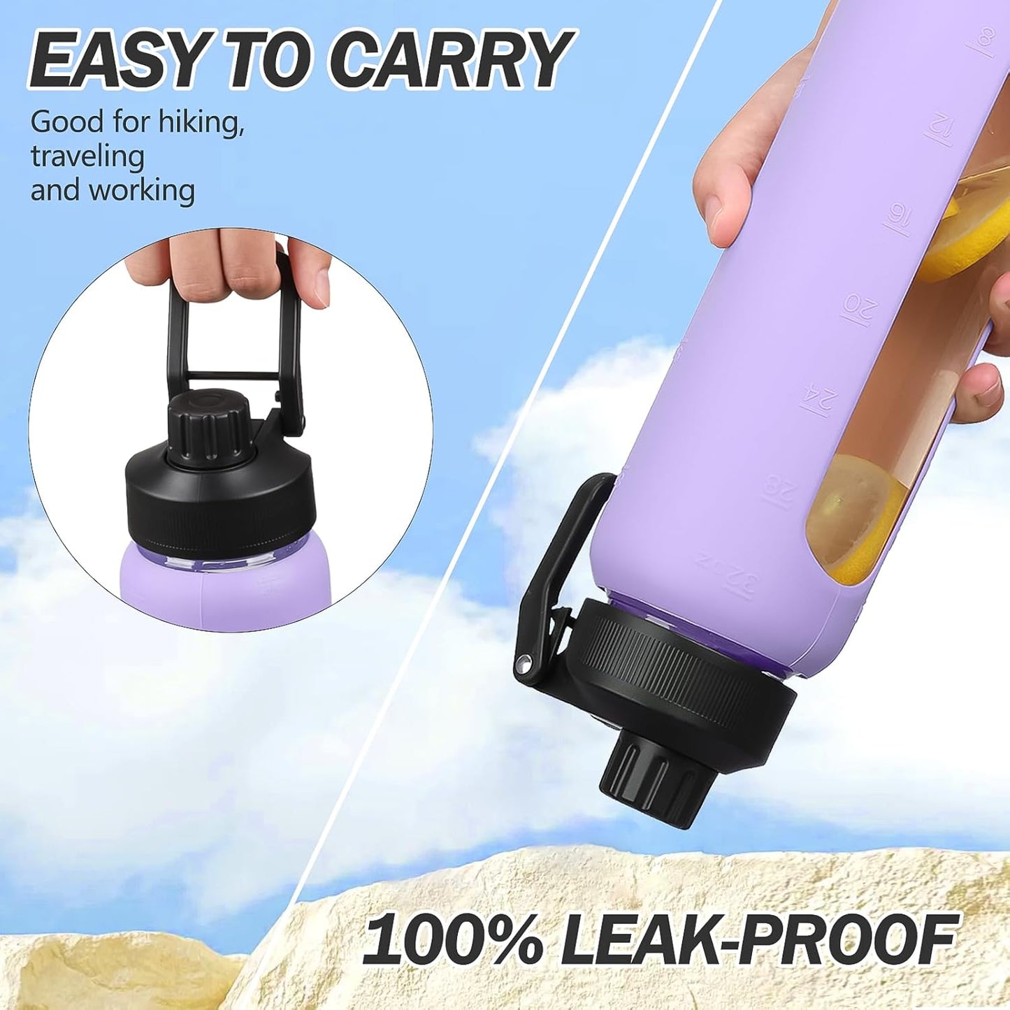 32oz Glass Water Bottle with Straw and 2 Lids- Bamboo Straw and Spout Lid with Phone Holder for Gym, Glass Drinking Bottles with Silicone Sleeve and Motivational Time Marker, Purple