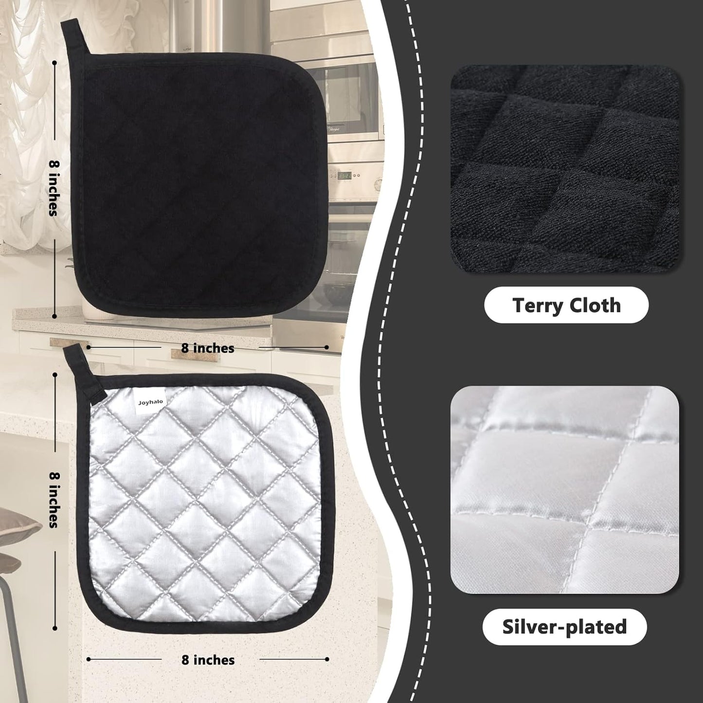 Joyhalo 6 Pack Pot Holders for Kitchen,Cotton Oven Holder with Great Heat Resistance,Non Slip Hot Pads for Kitchen Clearance,Black