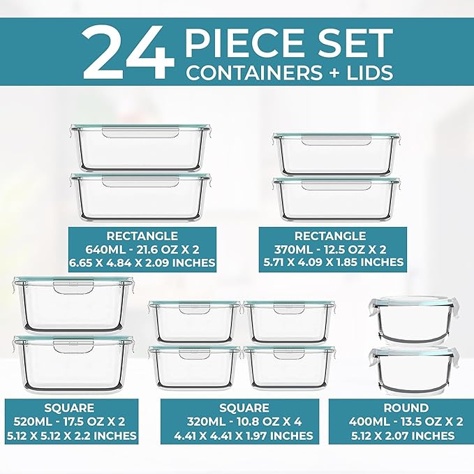 Razab 24 Pc Airtight Glass Food Storage Containers - Glass Meal Prep Containers - Freezer to Oven Safe - Steam Release Valve BPA Free - Airtight Bento Boxes - Leak Proof (12 lids & 12 Containers)