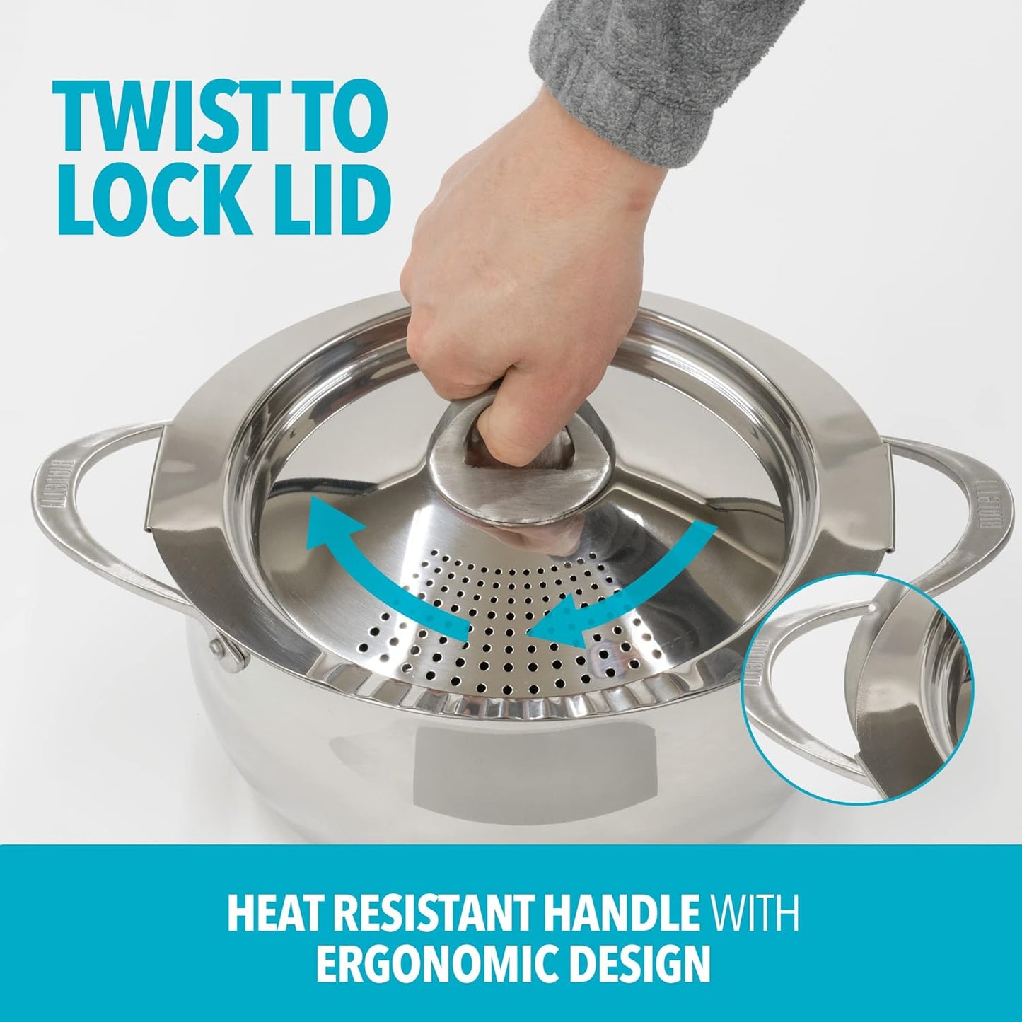 Bialetti 6-Quart Nonstick Aluminum Pasta Pot with Strainer Lid and Handles, PFOA-Free Nonstick Oval Cooking Pot and Lid, Silver