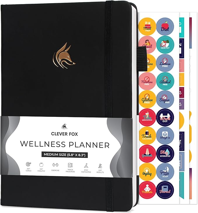 Clever Fox Wellness Planner - Weekly & Daily Health and Wellness Log, Food Journal & Meal Planner Diary for Calorie Counting, Notebook for Medical Condition Tracking, A5-Sized - Black