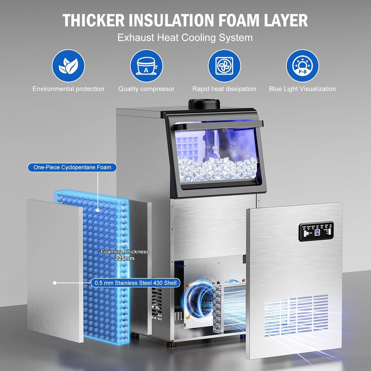 Commercial Ice Maker Machine 120 LBS/24H, 40 Ice Trays Freestanding & Undercounter Ice Machine Stainless Steel with 20 LBS Ice Storage Capacity, Ice Maker with Water Line and Filter, Dual Water Inlet