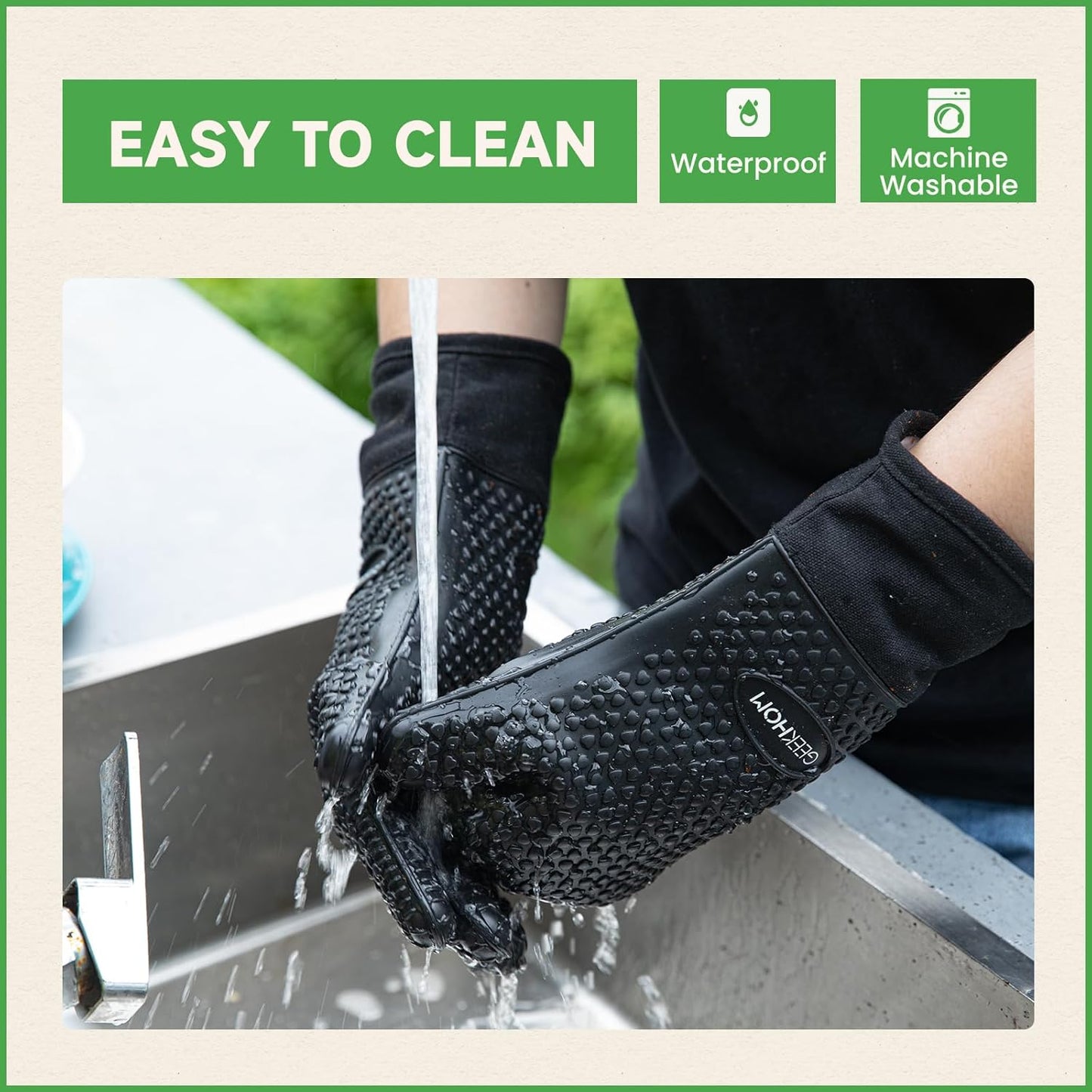 GEEKHOM BBQ Gloves, Grilling Gloves Heat Resistant Oven Gloves, Kitchen Silicone Oven Mitts, Long Waterproof Non-Slip Pot Holder for Barbecue, Cooking, Baking, Black