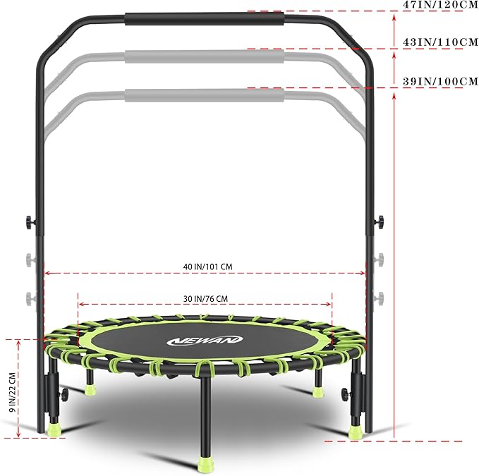 Newan 40" Silent Mini Trampoline with Adjustable Handle Bar Fitness Trampoline Bungee Rebounder Jumping Cardio Trainer Workout for Adults - Max Limit 330 lbs