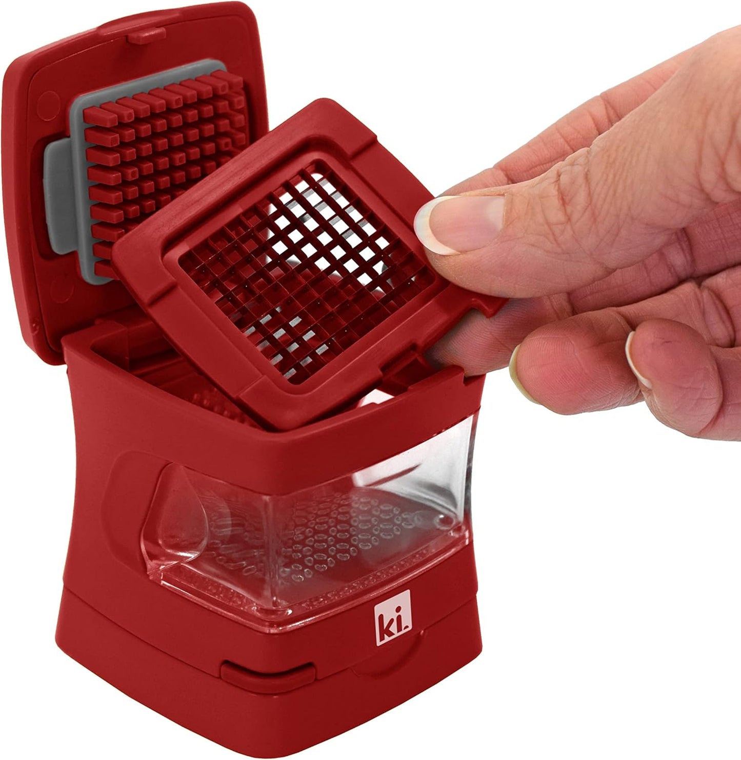 Garlic-A-Peel Garlic Press, Crusher, Cutter, Mincer, and Storage Container - Includes Silicone Garlic Peeler - Easy to Clean - Stainless Steel Blades – (Red), standard