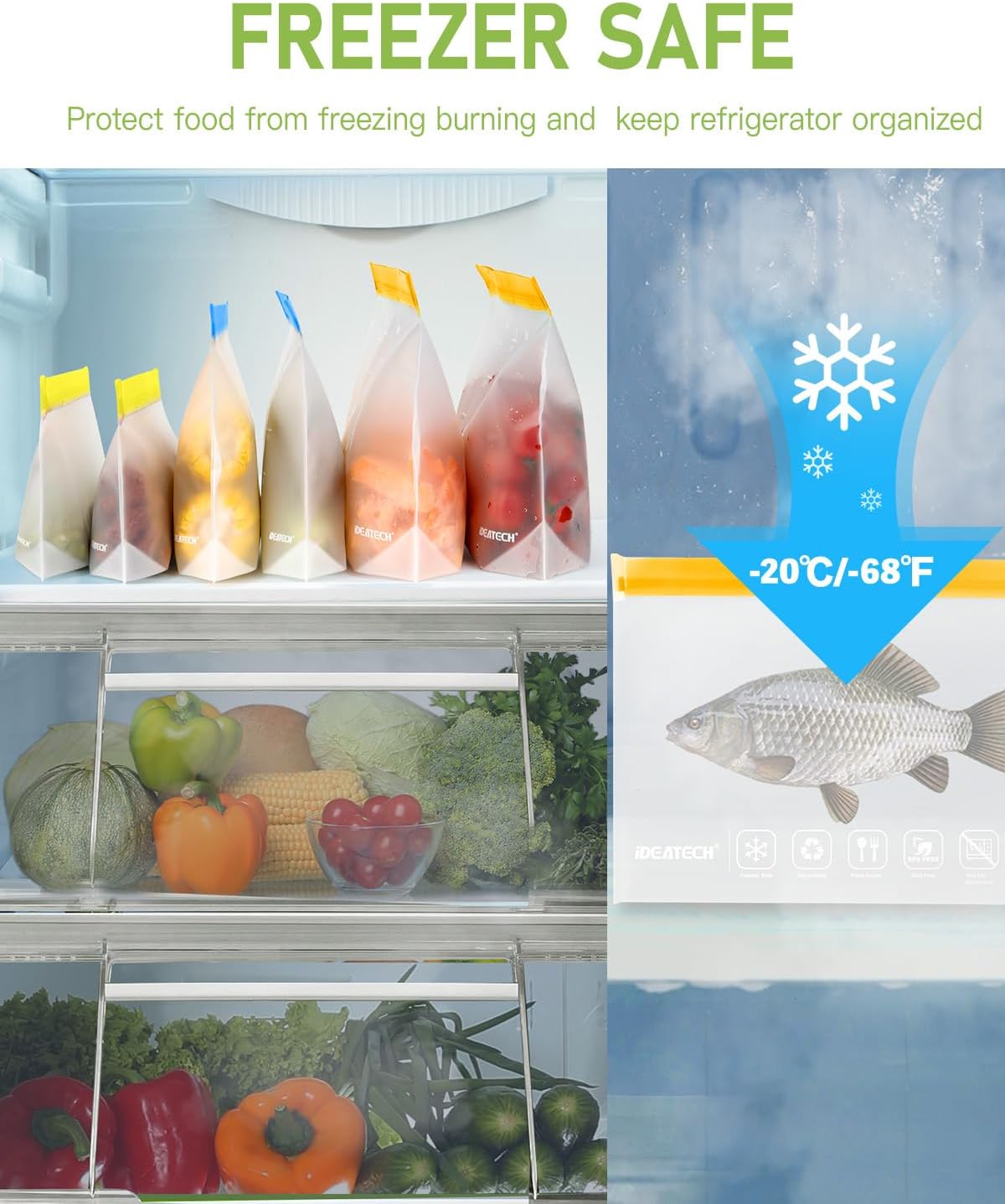 IDEATECH Gallon Freezer Food Containers, BPA Free PEVA Reusable Gallon Bags, Reusable Sandwich Bags, Reusable Baggies for Lunch, Travel Healthy Food (Grey, 8Pack-8Gallon)