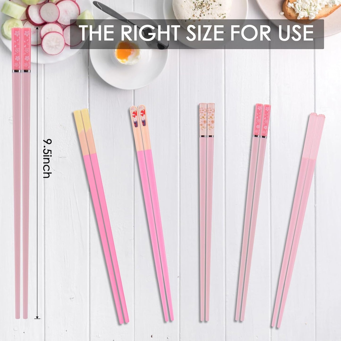 Chopsticks Reusable Dishwasher Safe, GLAMFIELDS 5 Pairs 9.5 Inches Premium Chop Sticks Set for Sushi, Ramen, Asian Cuisine, Matte Non-slip with Gift Case, Pink