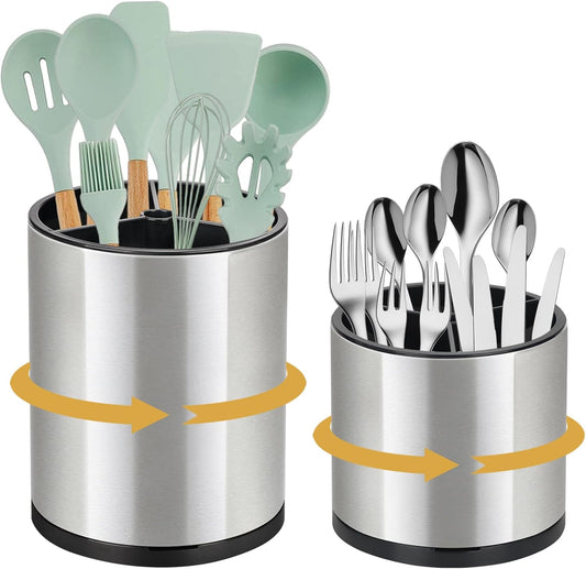 2Pack Kitchen Utensil Holder Set - 360° Rotating Stainless Steel Large Cooking Utensil Stand for Counter, 3 Compartment Flatware Caddy with Removable Base for Knife, Fork & Spoon Organizer - Sliver