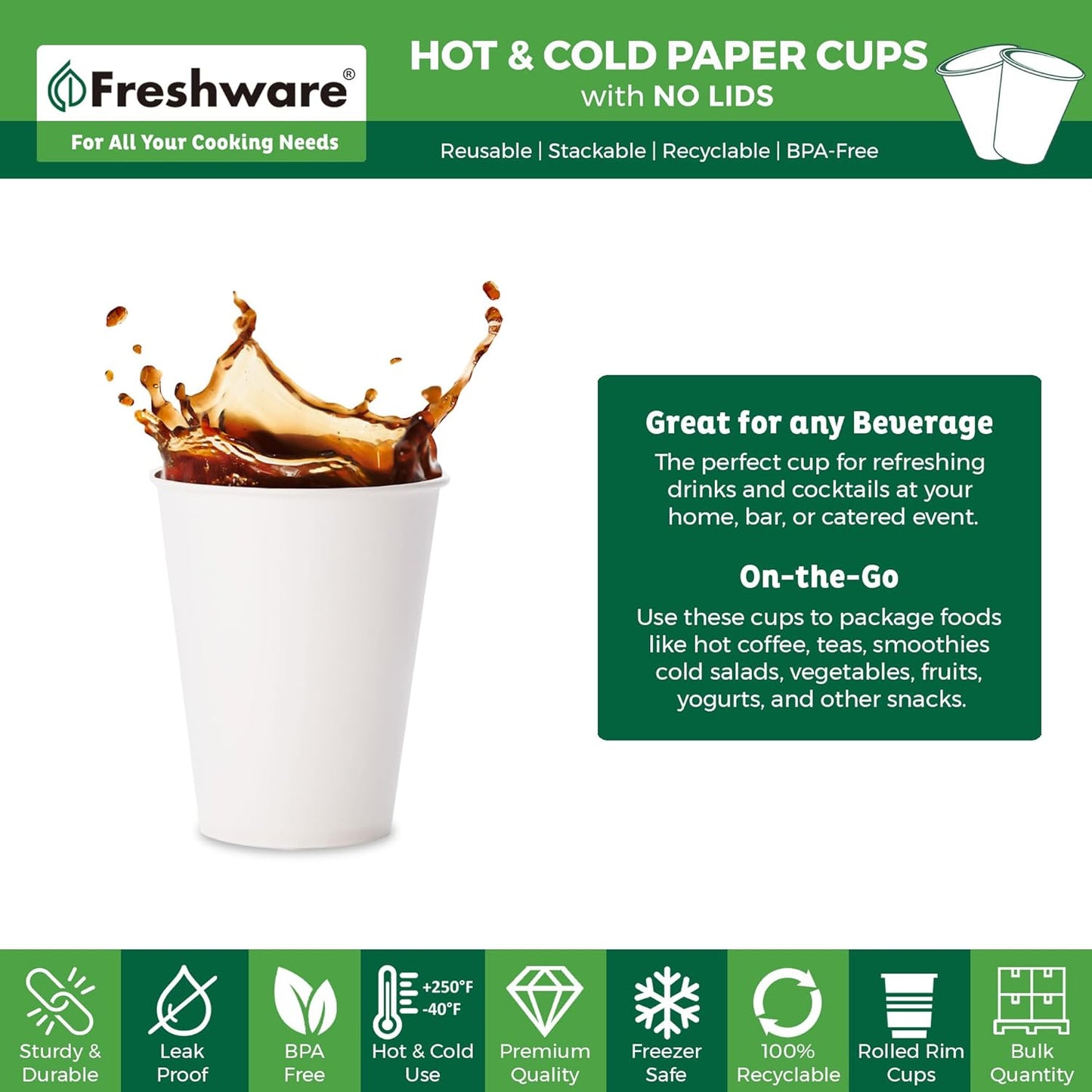 Freshware Coffee Cups 12 oz [300 Pack] Disposable Paper Cups for Hot or Iced Coffee Cup, Slushie Cup, Milkshakes, Smoothies, and Tea