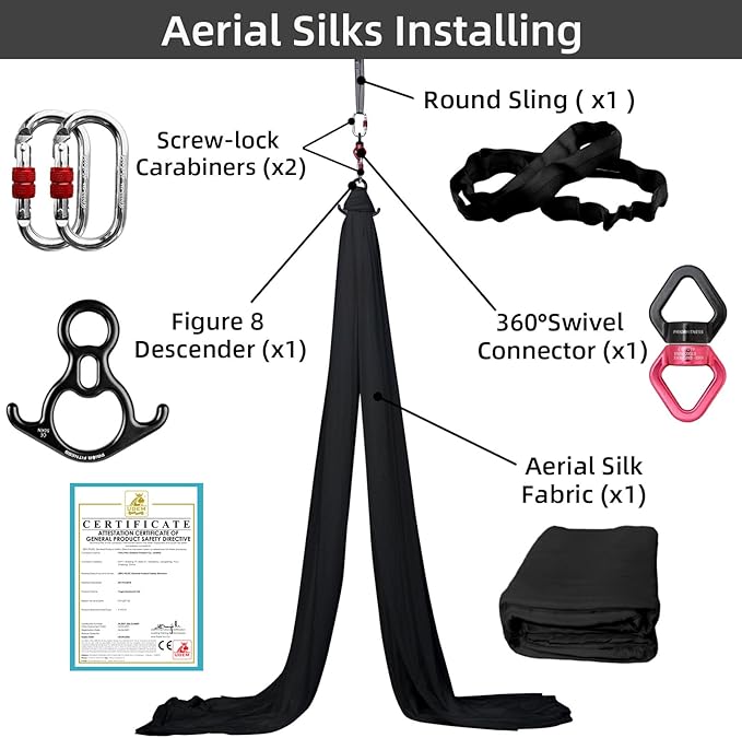 PRIOR FITNESS Aerial Silks Kit Colorful 9/15/20 Yards 40D Nylon Fabric Hammock Set With Hardware & Guide for All Levels Of Aerial Yoga Practice and Acrobatic Flying For Adults Aerial silk