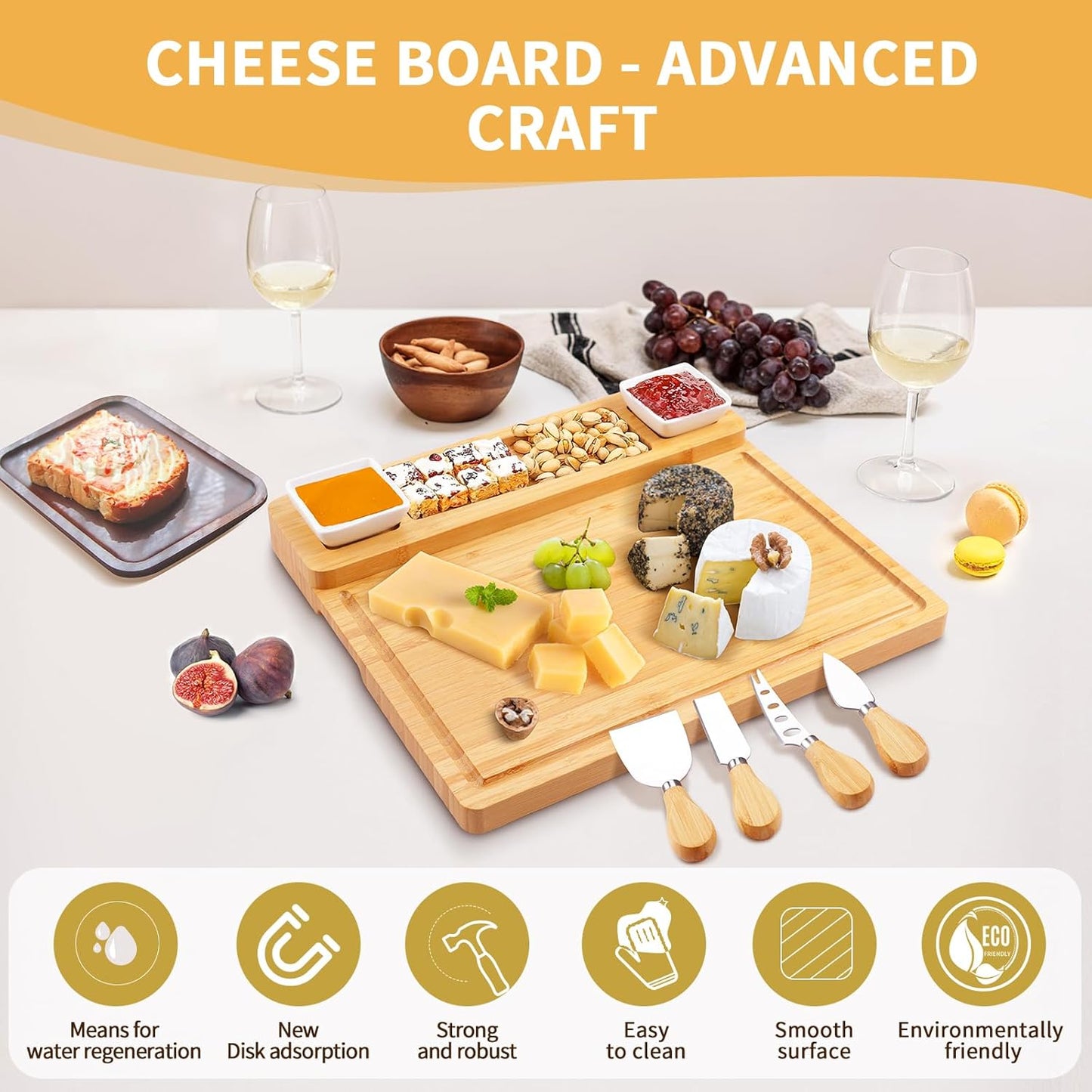 Charcuterie Boards Accessories, Charcuterie Boards with Knife Set, Cheese Board Serving Tray, Gifts for Women, Housewarming Gifts for New Home, Wedding Gift for Couples 2025 (with 2 Bowl)