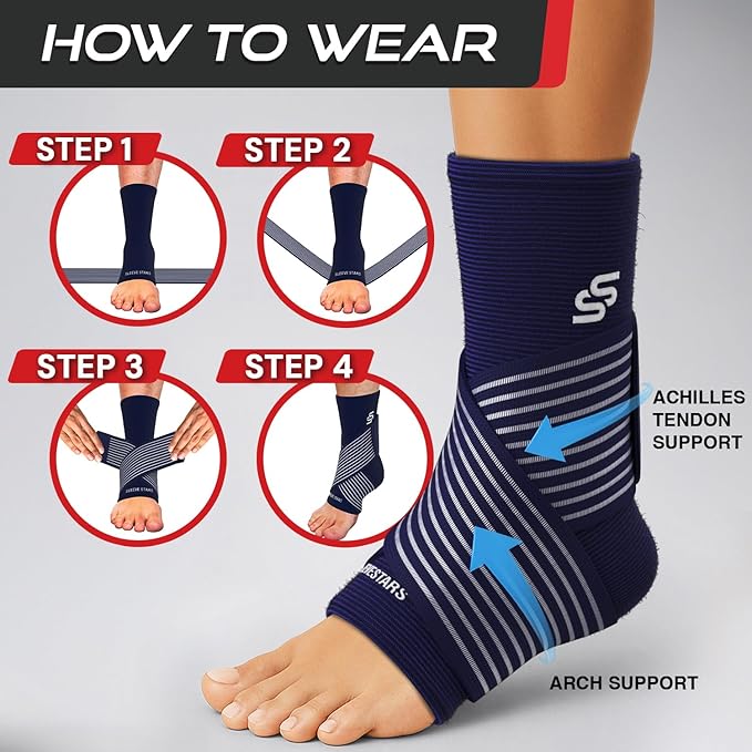 Sleeve Stars Ankle Brace for Women & Men, Ankle Wrap for Sprain, Compression Sleeve for Plantar Fasciitis Relief, Easy Customizable Support: w/ Removable Strap (Single/M:10"-12"/Navy Blue)