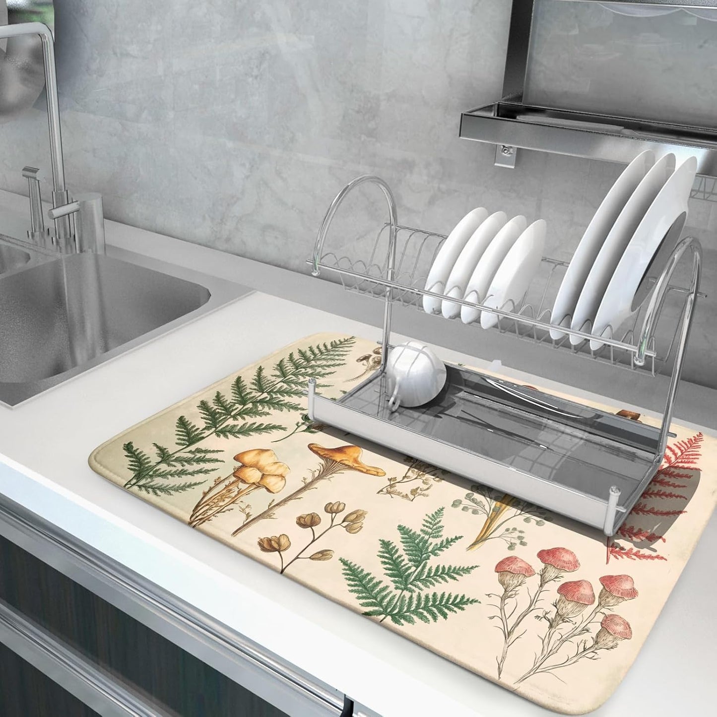 Ferns Mushrooms Dish Drying Mats Woodland Forest Microfiber Drying Pad Reversible Drainer Mats 18 X 24 Inch