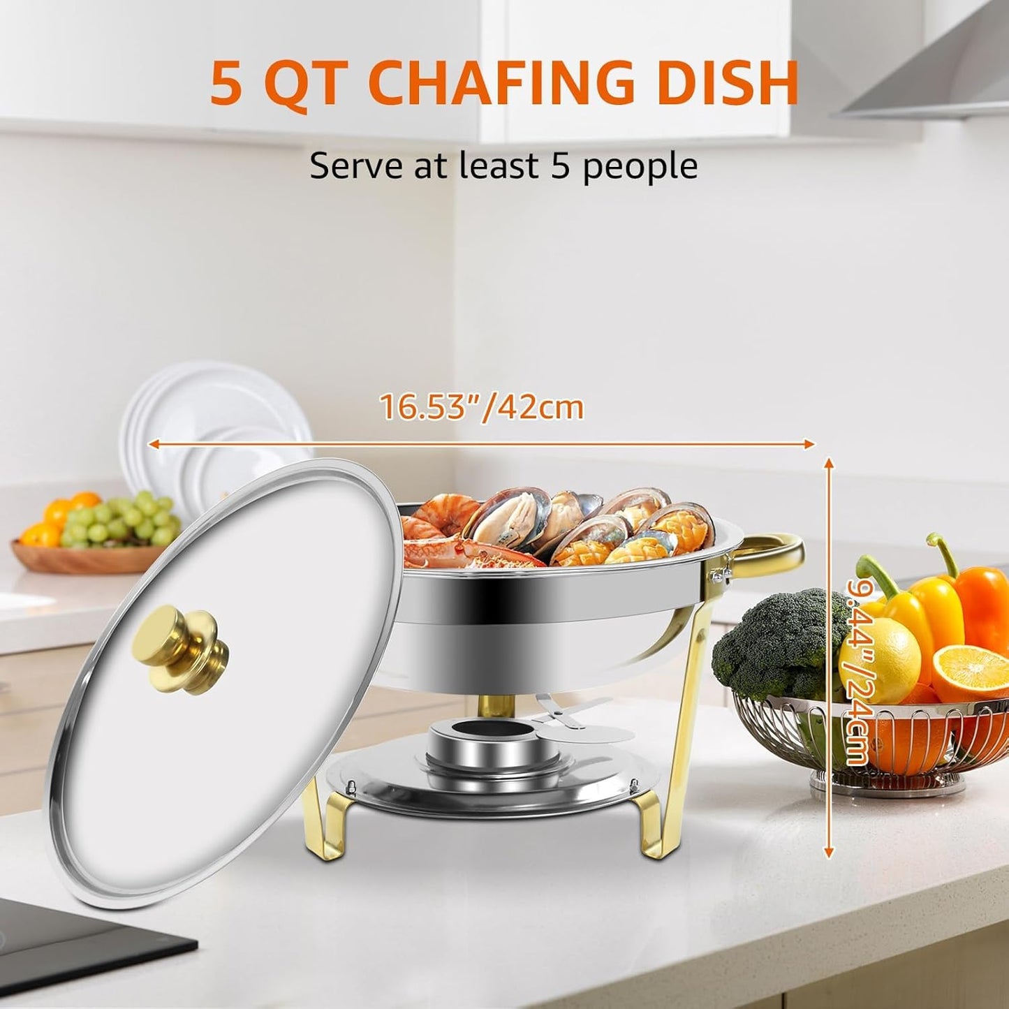 Gold & Silver Chafing Dishes for Buffet with Lid 5QT, 6 Pack - Food-Grade Stainless Steel Chafers and Buffet Warmers Sets with Lid Holder, Rolled Edge Design, for Party, Banquet