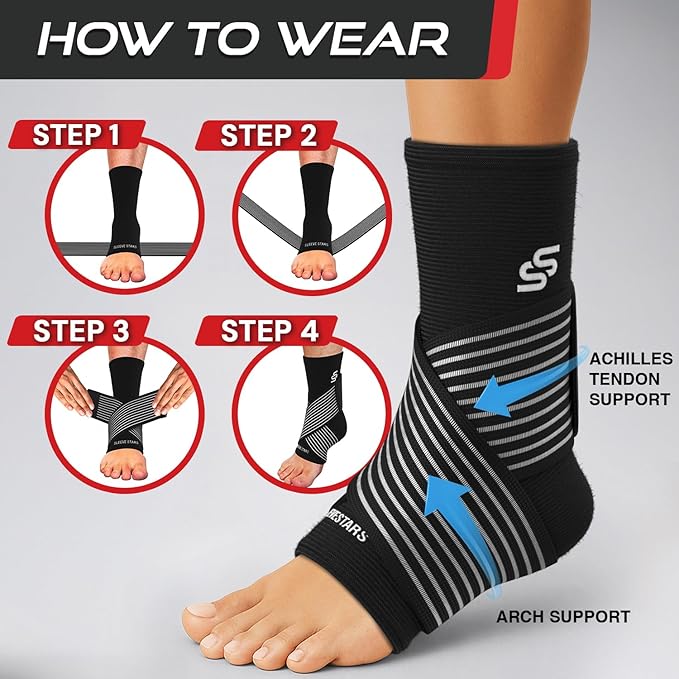 Sleeve Stars Ankle Brace for Women & Men, Ankle Wrap for Sprained Ankle, Compression Sleeve for Plantar Fasciitis Relief, Easy Customizable Support: w/Removable Strap (Single/S:9"-10"/Black)